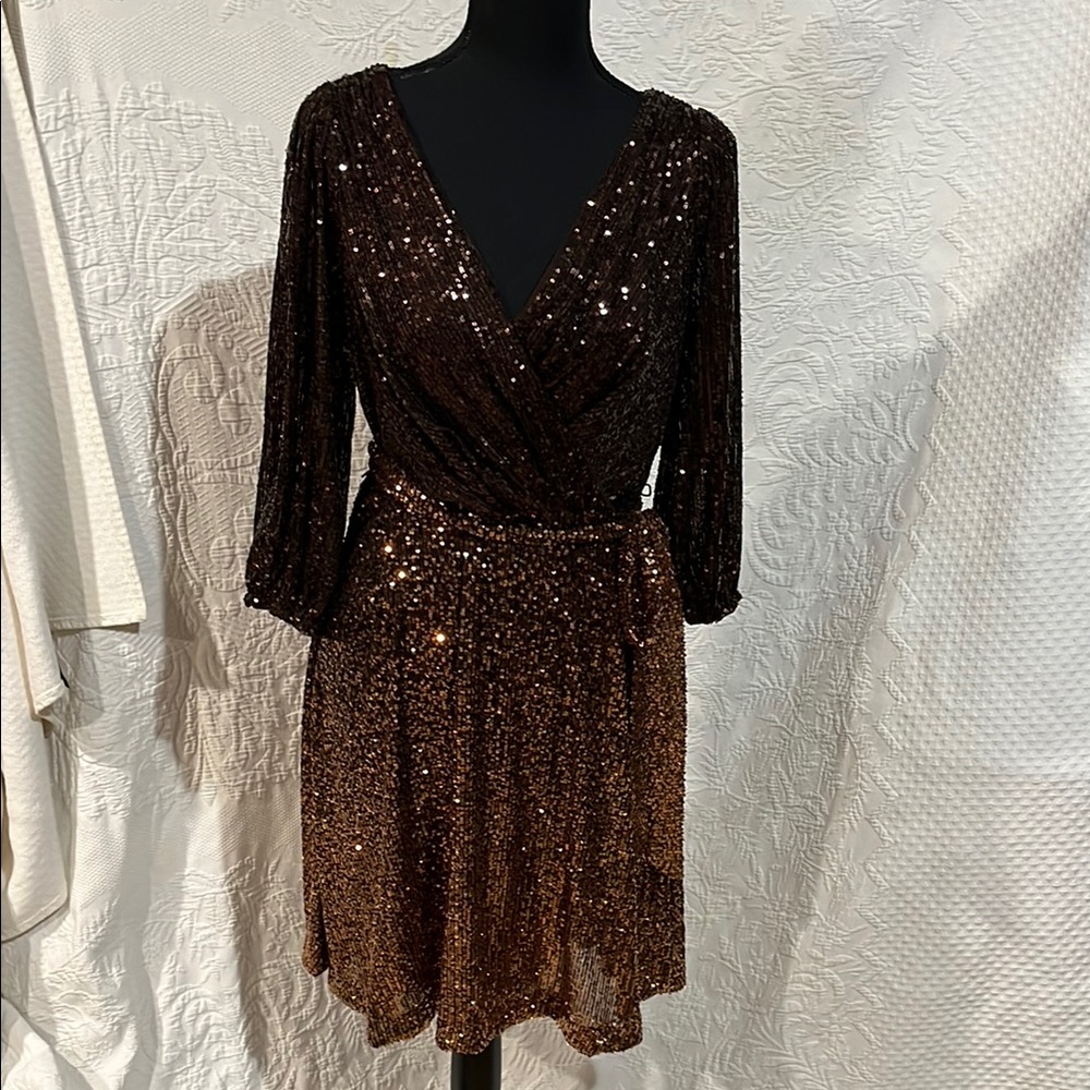 DKNY Ombre-Sequin‎ Fit & Flare Wrap Dress